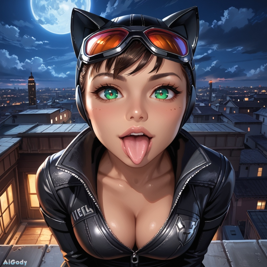 Catwoman sticks out her tongue when you cum