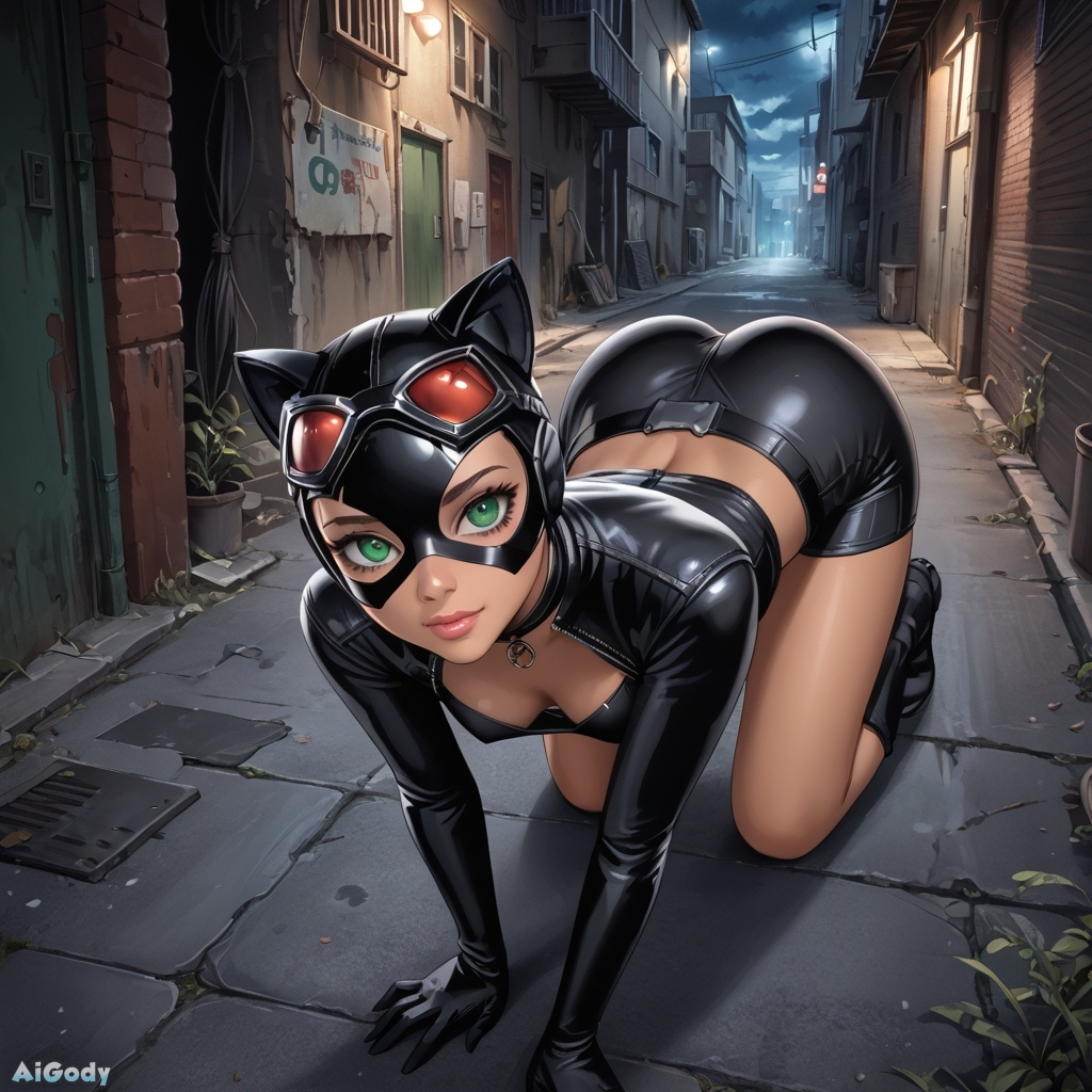 Catwoman walks down a night alley